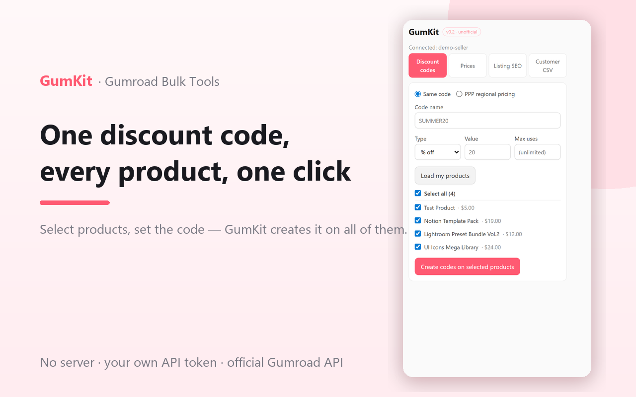 GumKit — bulk discount codes across every Gumroad product